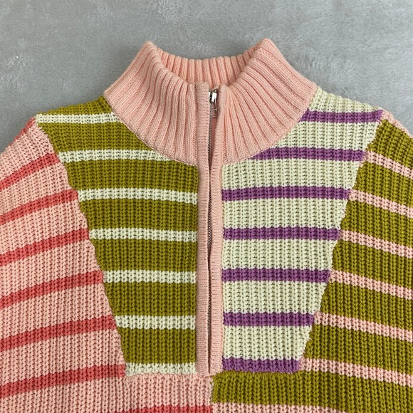 Easel Patchwork Striped Half Zip Sweater Women S Pink Olive Colorblock Funky NWT - Picture 4 of 11